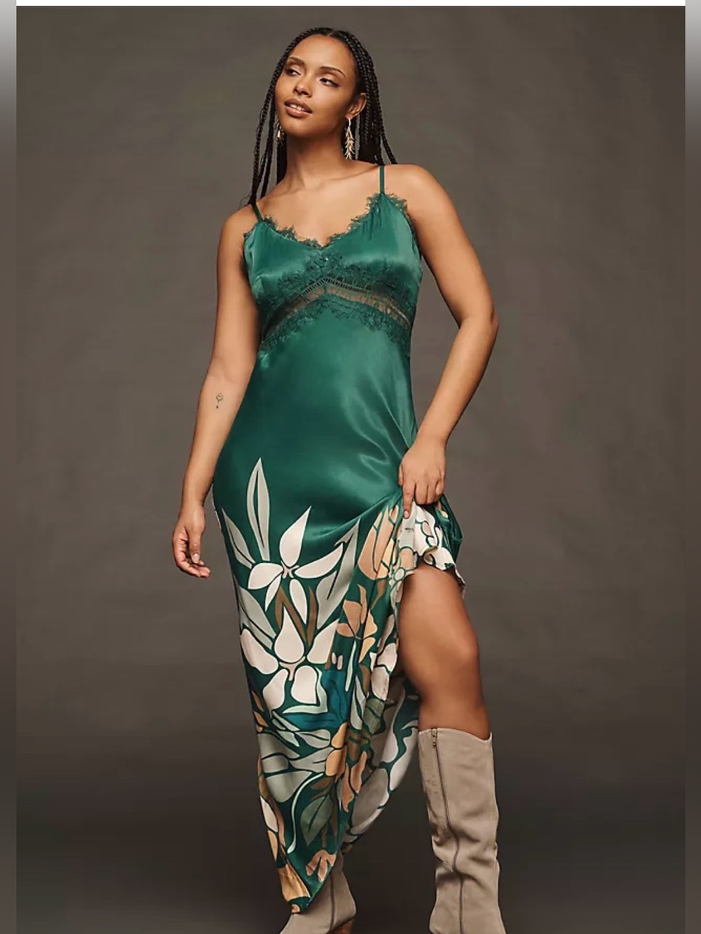 Anthro Blank London Eustella V-Neck Maxi Green Floral Slip Dress Lace Trim 2X